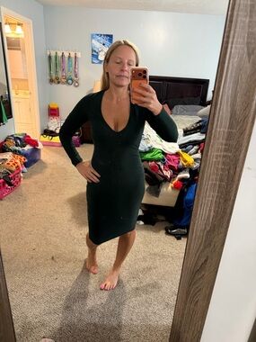 Express Deep V-Neck Long Sleeve Midi Dress in Dark Green